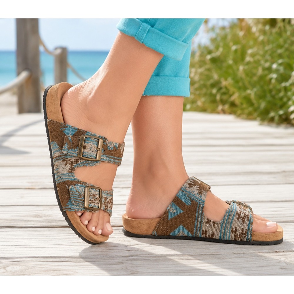 Minnetonka 097 Two Strap Aztec Buckle Slide Sandals Size Turquois Size 7